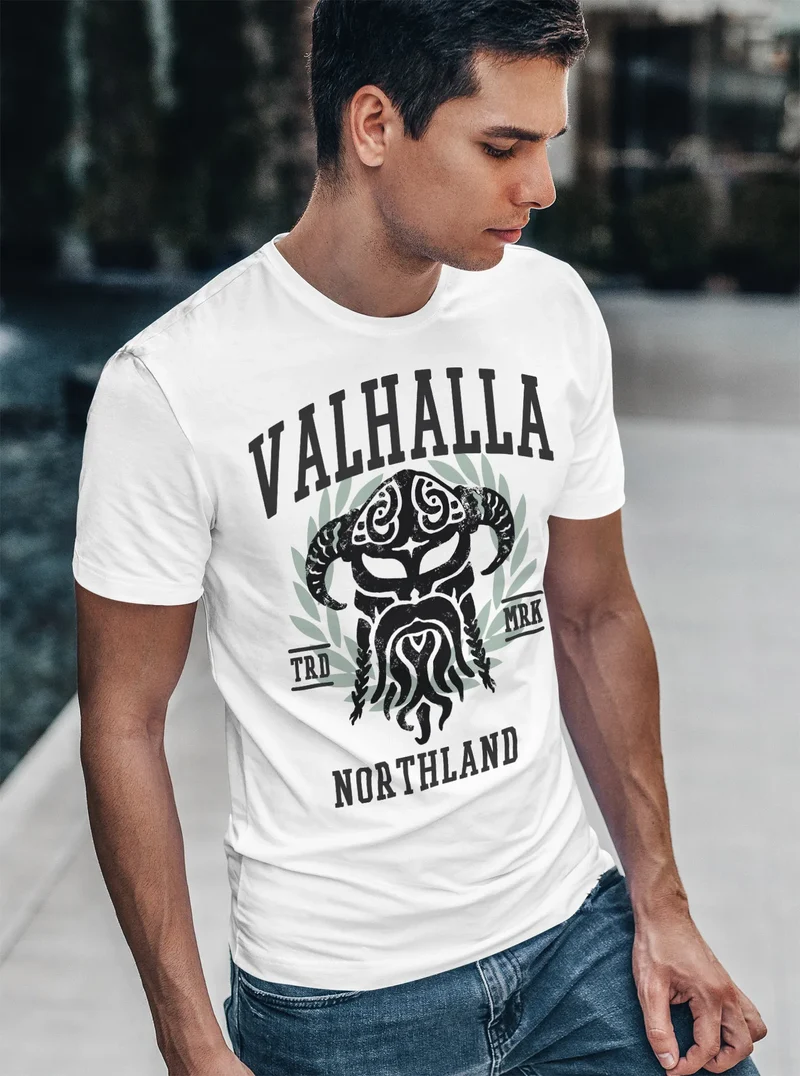 Herren T-Shirt Valhalla Northland Wikinger Helm Nordmänner Bart Viking Fashion Streetstyle