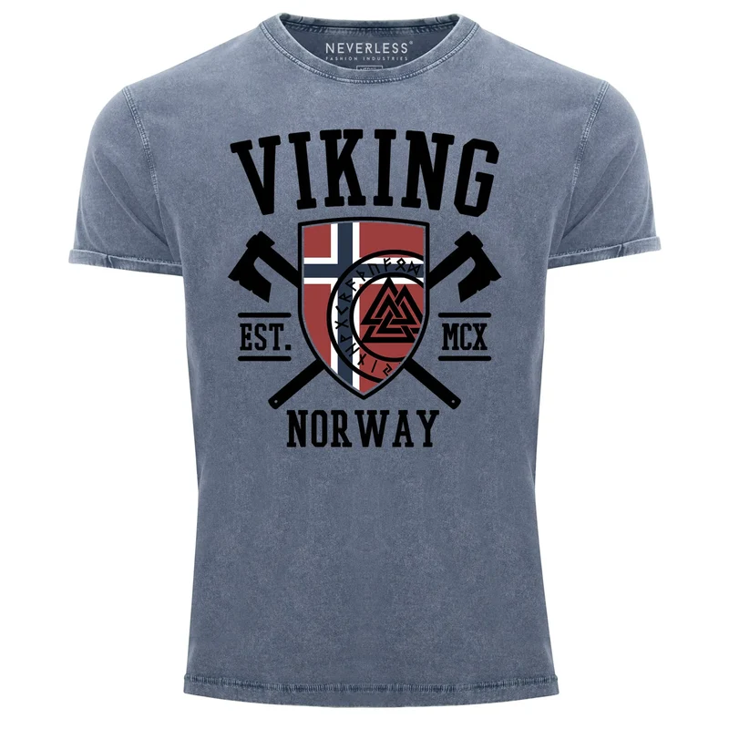Herren Vintage Shirt Viking Norway Norwegen Flagge Wikinger nordisch Printshirt T-Shirt Aufdruck Used Look