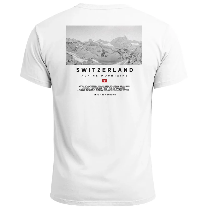 Herren T-Shirt Wandern Berge Alpen Schweiz Fotoprint Backprint Outdoor Fashion Streetstyle Prrintshirt Männer