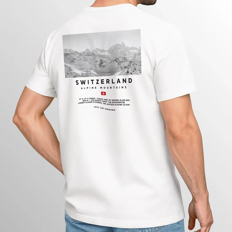 Herren T-Shirt Wandern Berge Alpen Schweiz Fotoprint Backprint Outdoor Fashion Streetstyle Prrintshirt Männer
