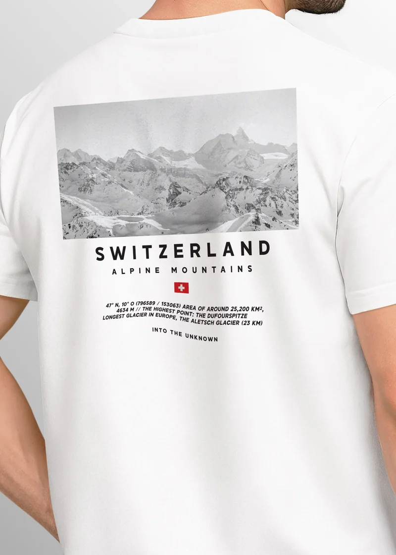 Herren T-Shirt Wandern Berge Alpen Schweiz Fotoprint Backprint Outdoor Fashion Streetstyle Prrintshirt Männer
