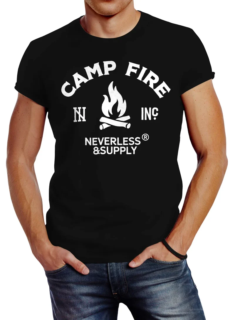 Herren T-Shirt Lagerfeuer Camping Abenteuer Supply Slim Fit