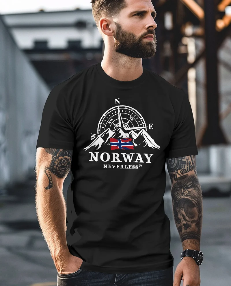 Herren T-Shirt Norwegen Flagge Skandinavien Nordisch Kompass Outdoor Fashion Streetstyle