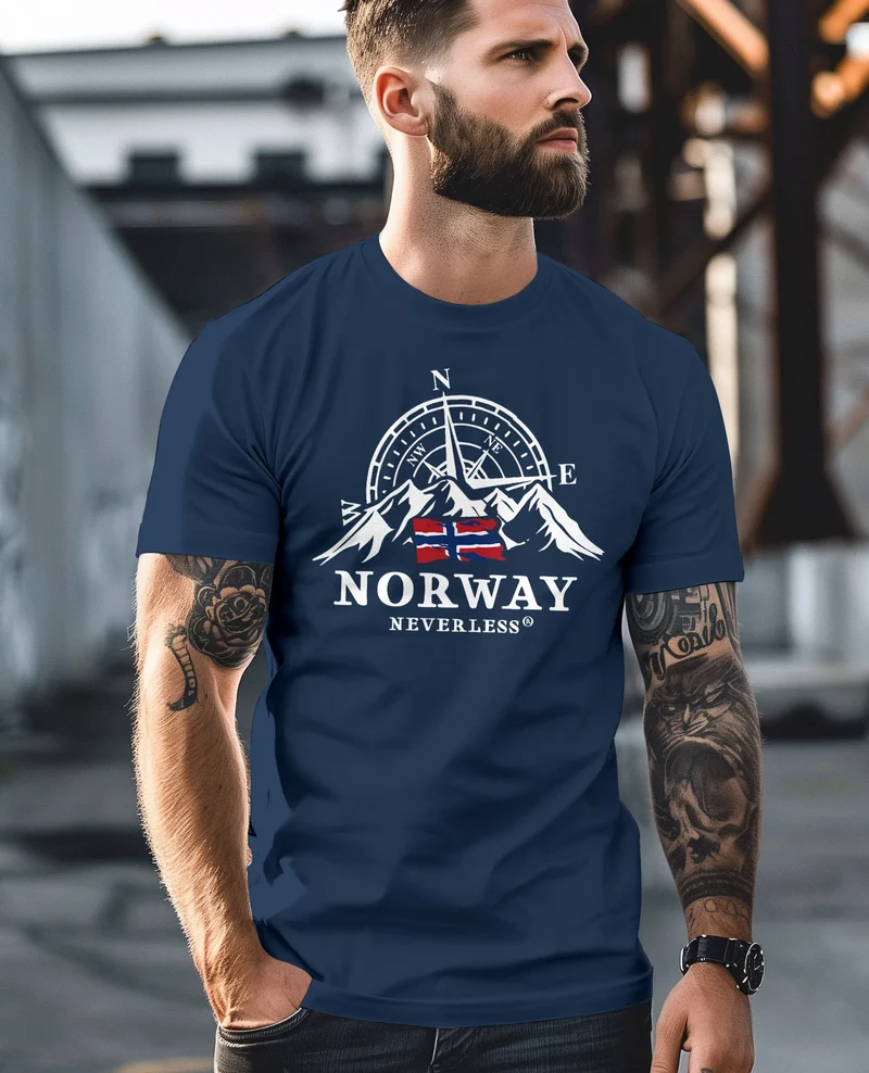 Herren T-Shirt Norwegen Flagge Skandinavien Nordisch Kompass Outdoor Fashion Streetstyle