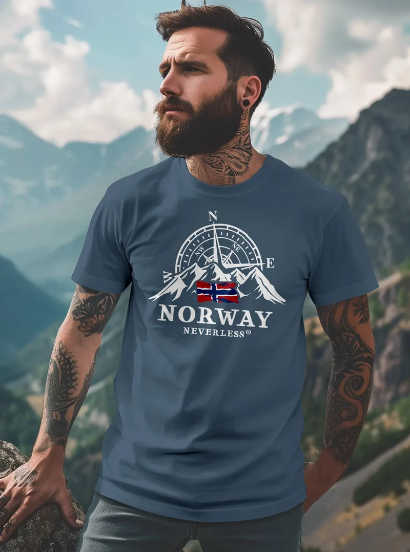 Herren T-Shirt Norwegen Flagge Skandinavien Nordisch Kompass Outdoor Fashion Streetstyle