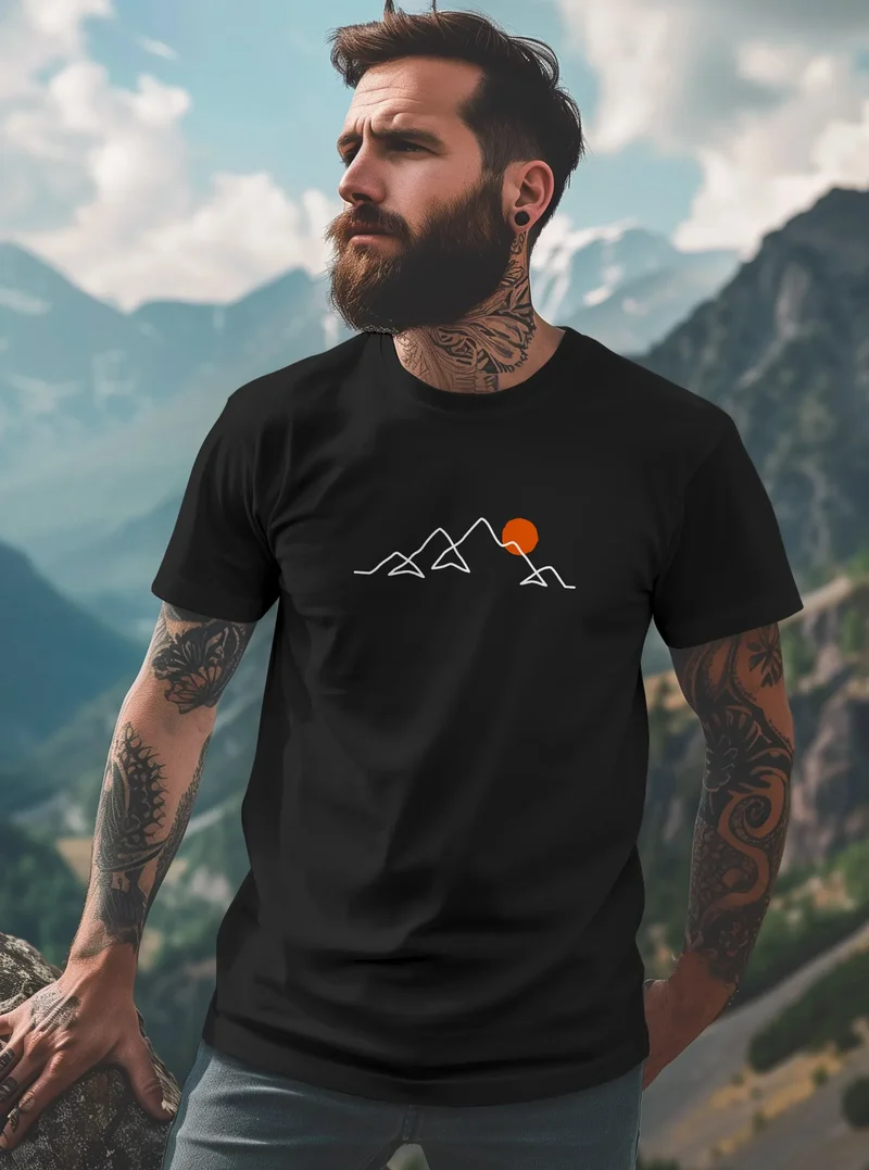 Herren T-Shirt Frontprint Line-Art Berge Wandern Natur Outdoor Fashion Streetstyle