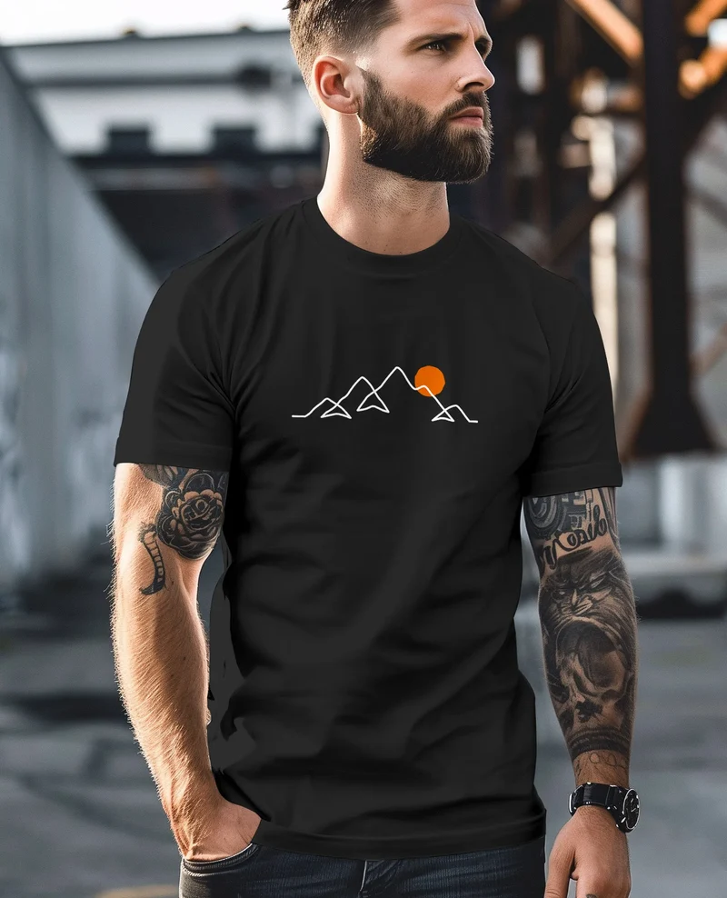 Herren T-Shirt Frontprint Line-Art Berge Wandern Natur Outdoor Fashion Streetstyle