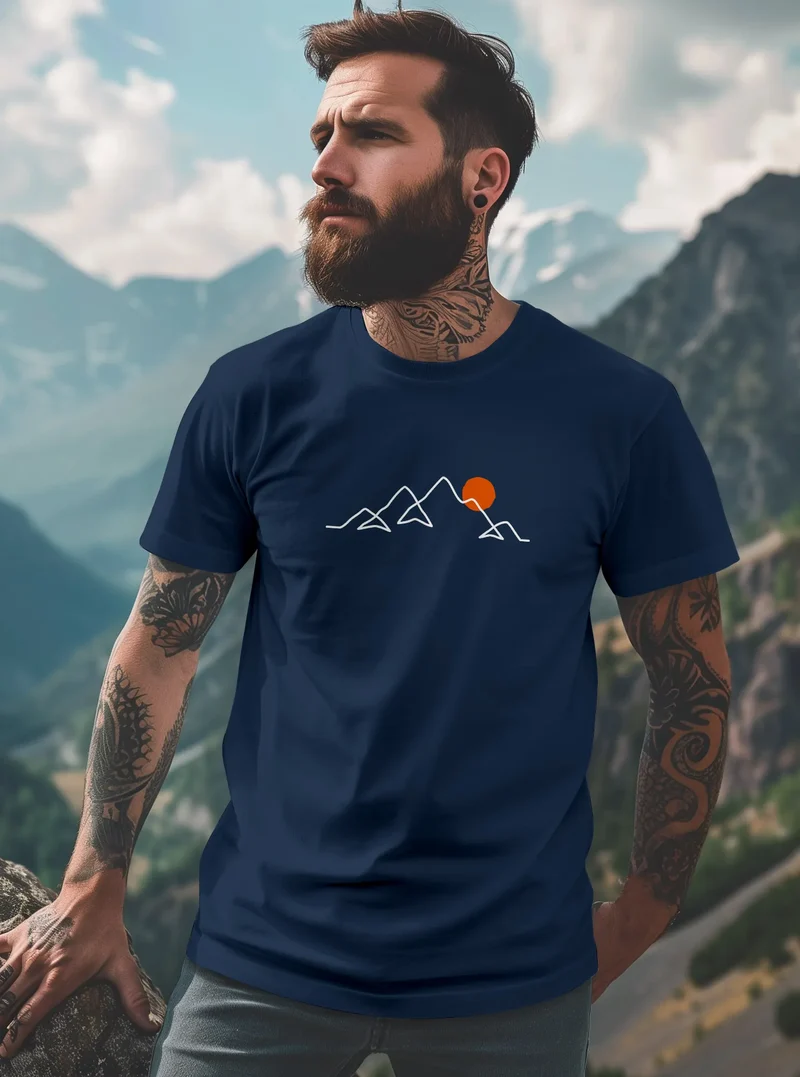 Herren T-Shirt Frontprint Line-Art Berge Wandern Natur Outdoor Fashion Streetstyle