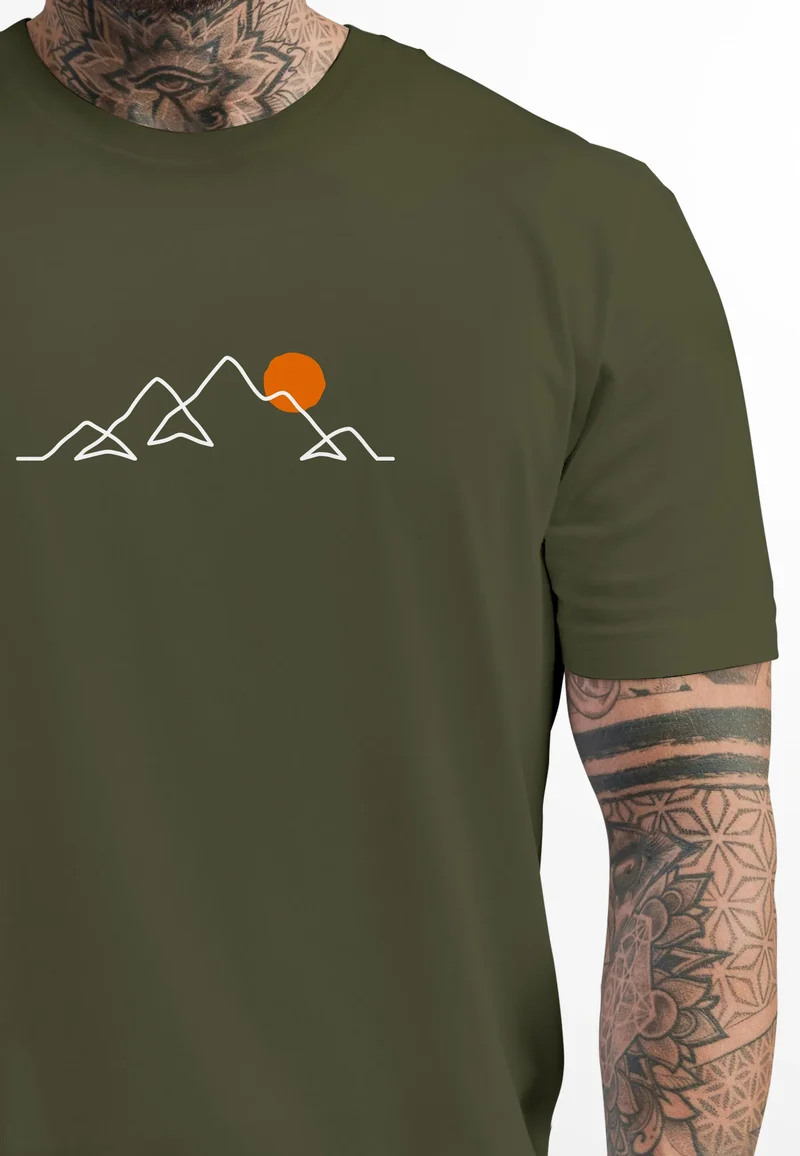 Herren T-Shirt Frontprint Line-Art Berge Wandern Natur Outdoor Fashion Streetstyle