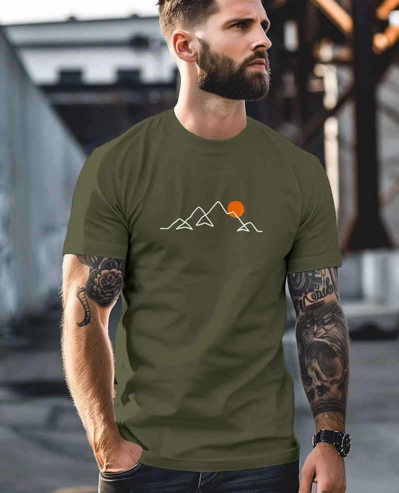 Herren T-Shirt Frontprint Line-Art Berge Wandern Natur Outdoor Fashion Streetstyle