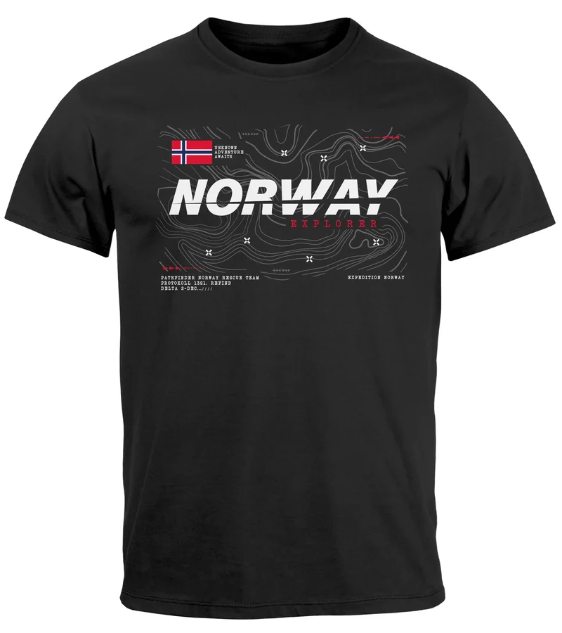 Herren T-Shirt Norwegen Printshirt Flagge Schriftzug Norway Explorer Adventure Skandinavien Fashion Streetstyle