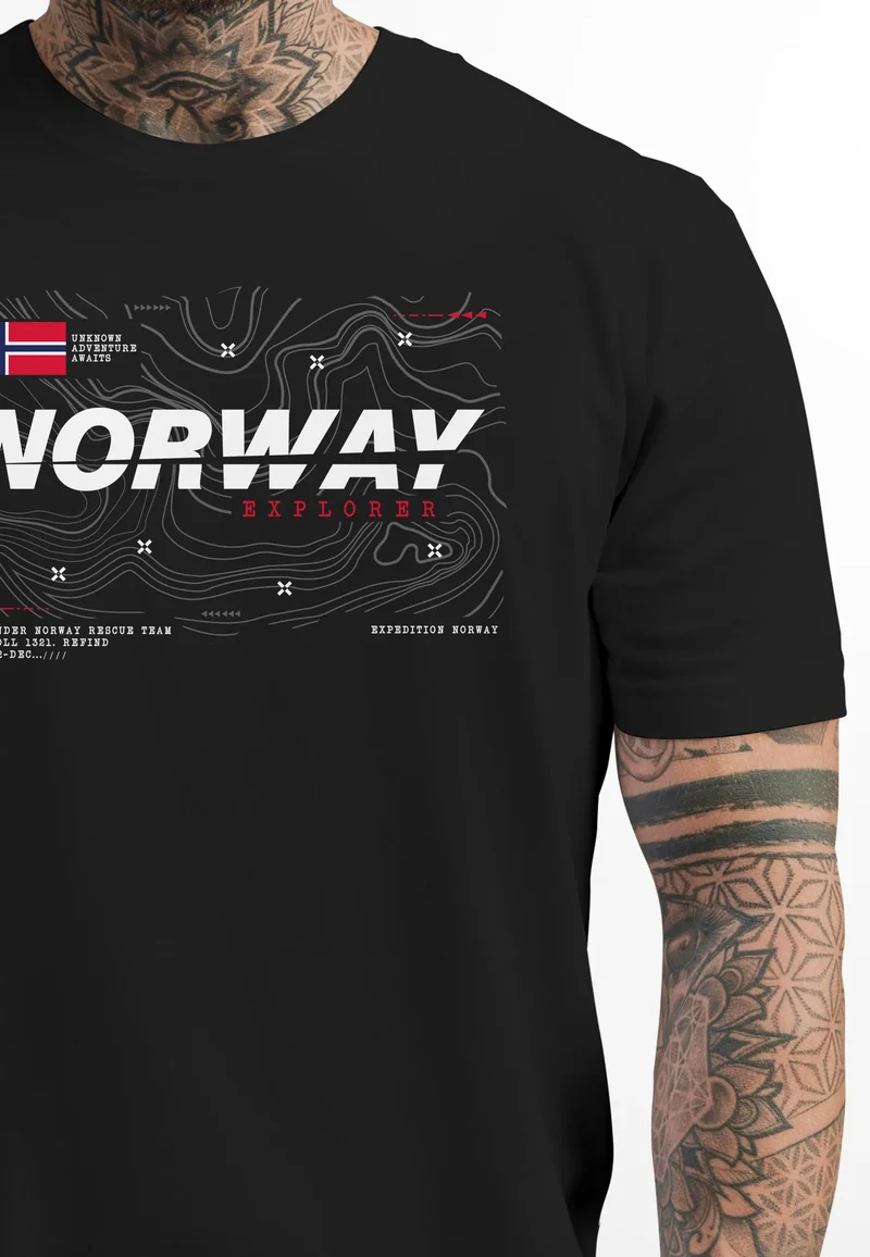 Herren T-Shirt Norwegen Printshirt Flagge Schriftzug Norway Explorer Adventure Skandinavien Fashion Streetstyle