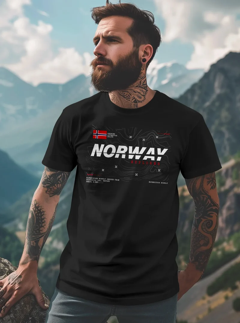 Herren T-Shirt Norwegen Printshirt Flagge Schriftzug Norway Explorer Adventure Skandinavien Fashion Streetstyle