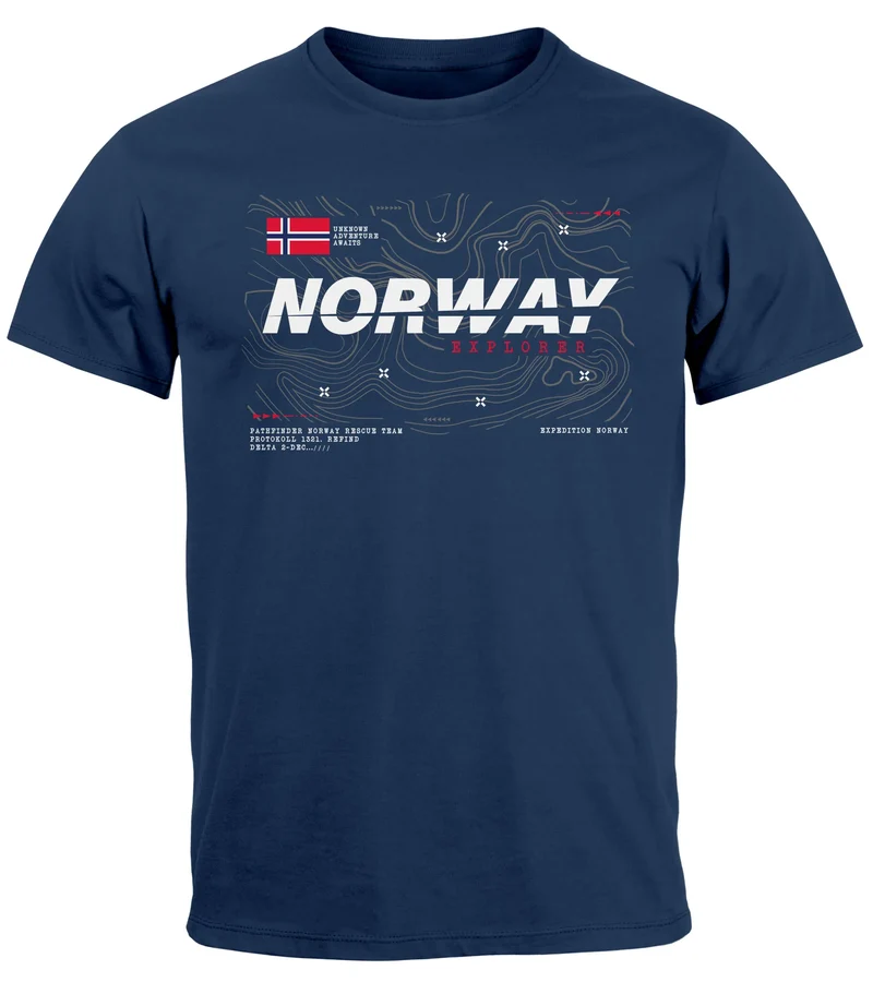 Herren T-Shirt Norwegen Printshirt Flagge Schriftzug Norway Explorer Adventure Skandinavien Fashion Streetstyle