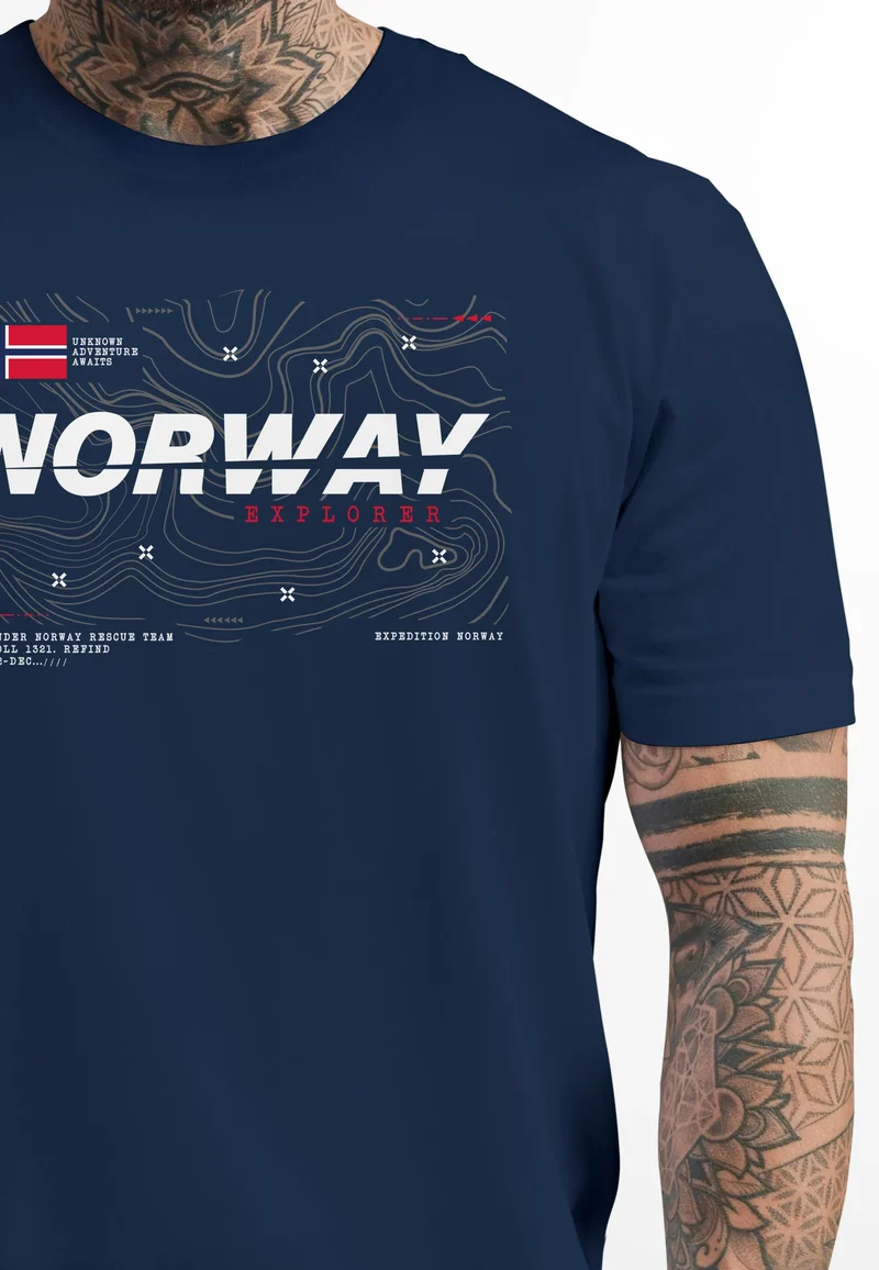 Herren T-Shirt Norwegen Printshirt Flagge Schriftzug Norway Explorer Adventure Skandinavien Fashion Streetstyle