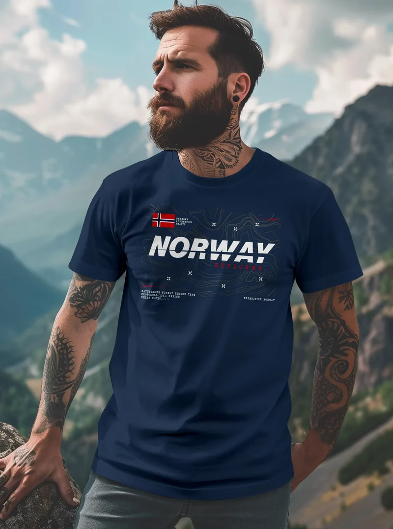 Herren T-Shirt Norwegen Printshirt Flagge Schriftzug Norway Explorer Adventure Skandinavien Fashion Streetstyle
