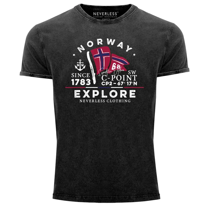 Herren Vintage Shirt Norway Explore norwegische Flagge Norwegen Printshirt Used Look Slim Fit