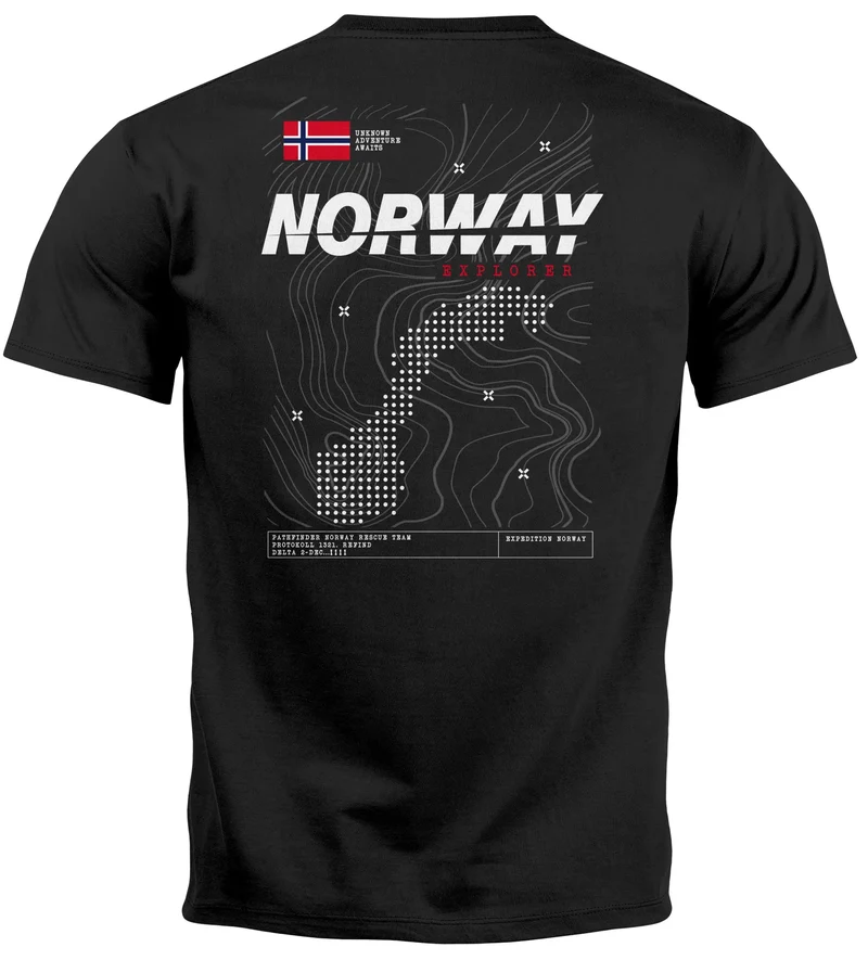 Herren T-Shirt Backprint Norwegen Flagge Schriftzug Norway Explorer Adventure Skandinavien Fashion Streetstyle