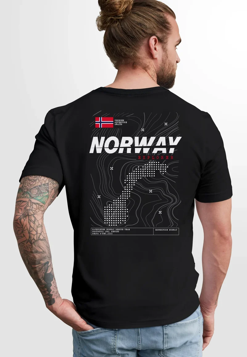 Herren T-Shirt Backprint Norwegen Flagge Schriftzug Norway Explorer Adventure Skandinavien Fashion Streetstyle