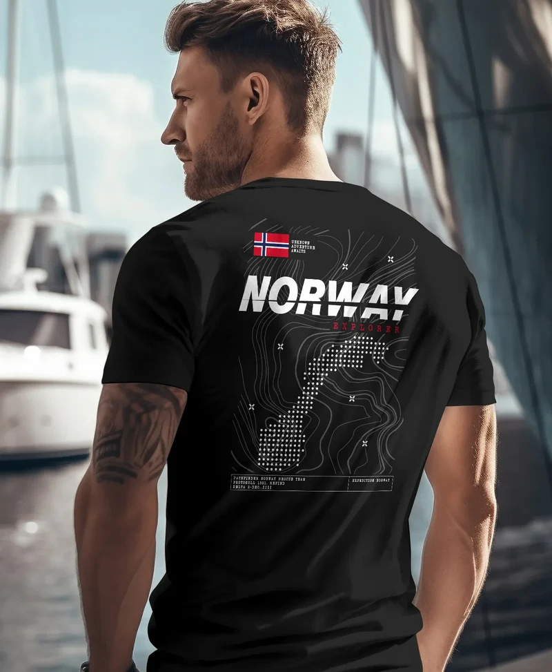 Herren T-Shirt Backprint Norwegen Flagge Schriftzug Norway Explorer Adventure Skandinavien Fashion Streetstyle