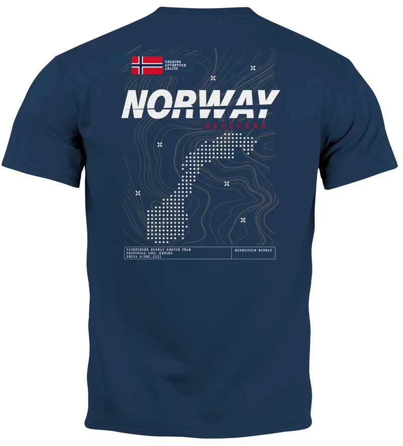 Herren T-Shirt Backprint Norwegen Flagge Schriftzug Norway Explorer Adventure Skandinavien Fashion Streetstyle