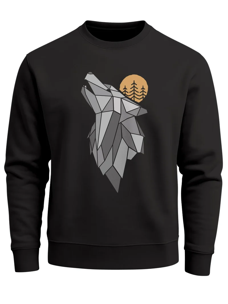 Sweatshirt Herren Polygon Print Wolf Wald Outdoor Adventure Natur Tiermotiv Rundhals-Pullover Fashion Streetwear