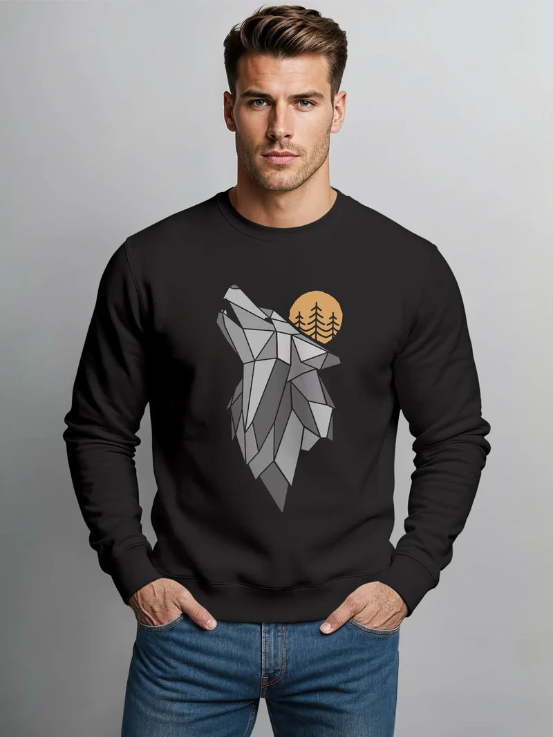Sweatshirt Herren Polygon Print Wolf Wald Outdoor Adventure Natur Tiermotiv Rundhals-Pullover Fashion Streetwear