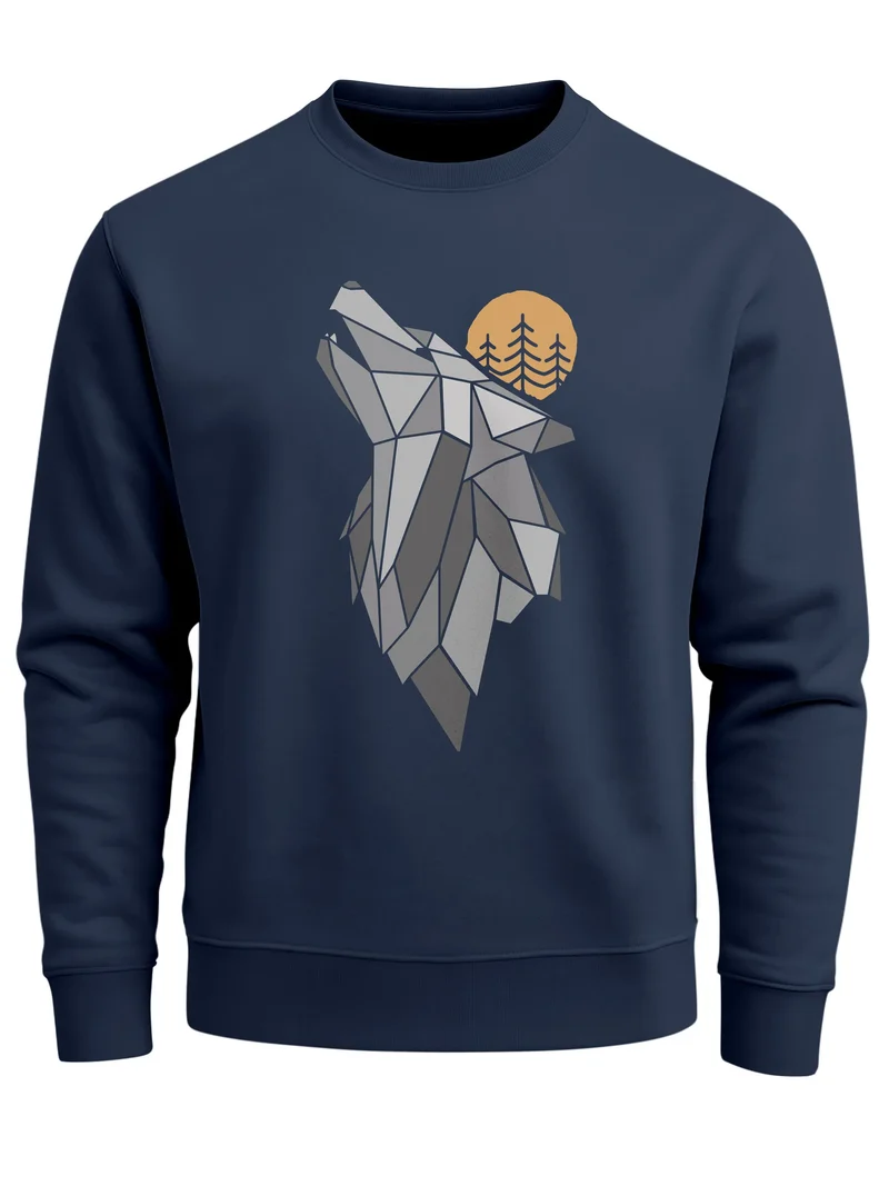Sweatshirt Herren Polygon Print Wolf Wald Outdoor Adventure Natur Tiermotiv Rundhals-Pullover Fashion Streetwear