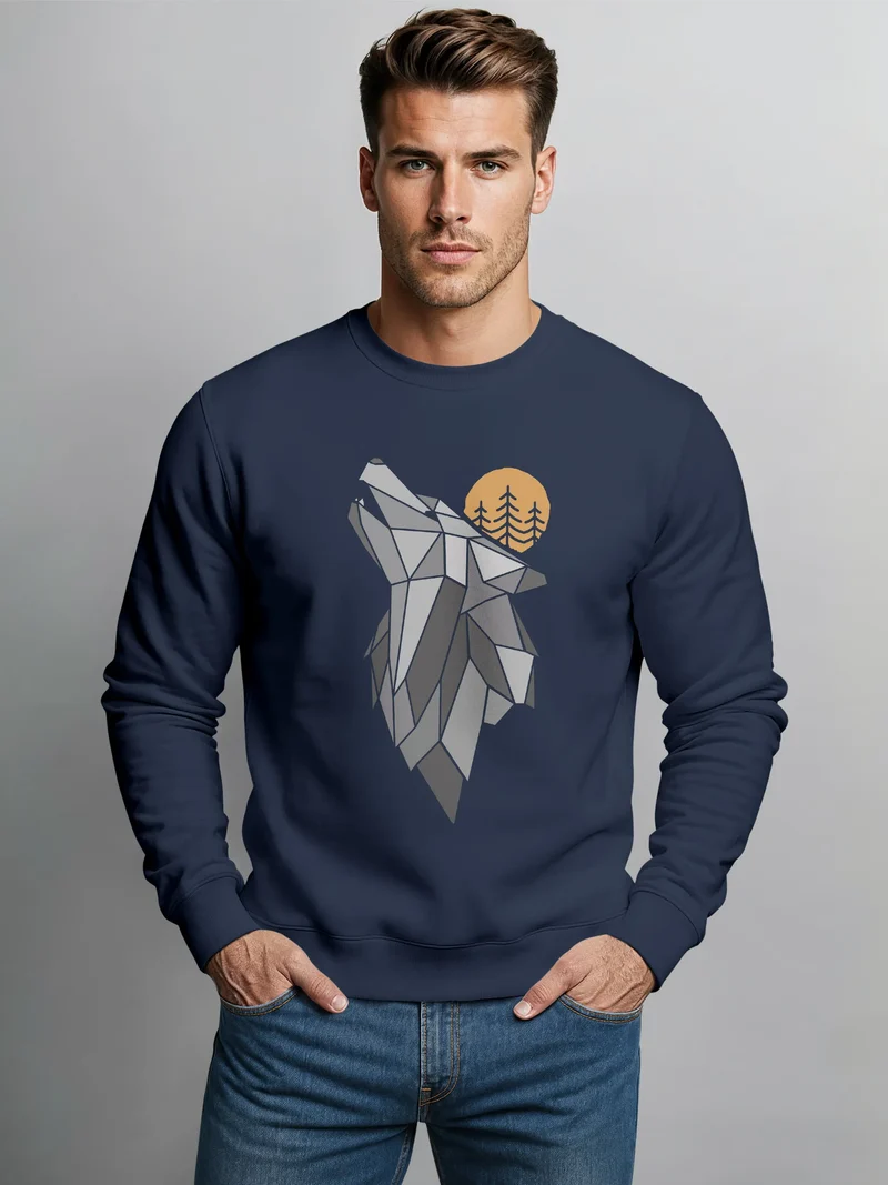 Sweatshirt Herren Polygon Print Wolf Wald Outdoor Adventure Natur Tiermotiv Rundhals-Pullover Fashion Streetwear