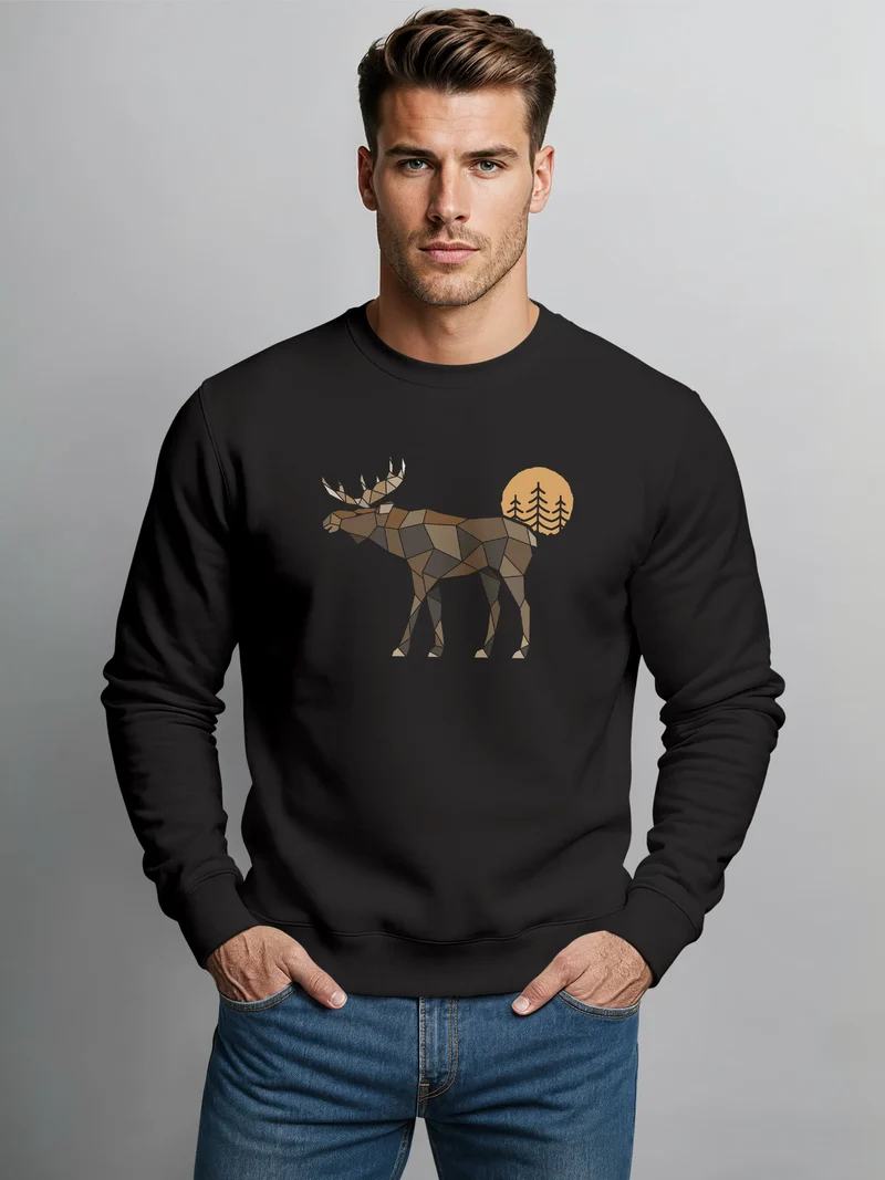Sweatshirt Herren mit Aufdruck Polygon Elch Outdoor Motive Wandern Natur Wald Rundhals-Pullover Fashion Streetwear