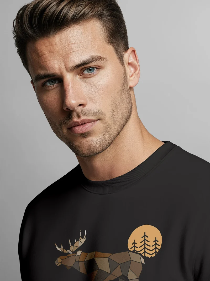 Sweatshirt Herren mit Aufdruck Polygon Elch Outdoor Motive Wandern Natur Wald Rundhals-Pullover Fashion Streetwear