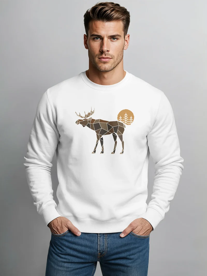 Sweatshirt Herren mit Aufdruck Polygon Elch Outdoor Motive Wandern Natur Wald Rundhals-Pullover Fashion Streetwear