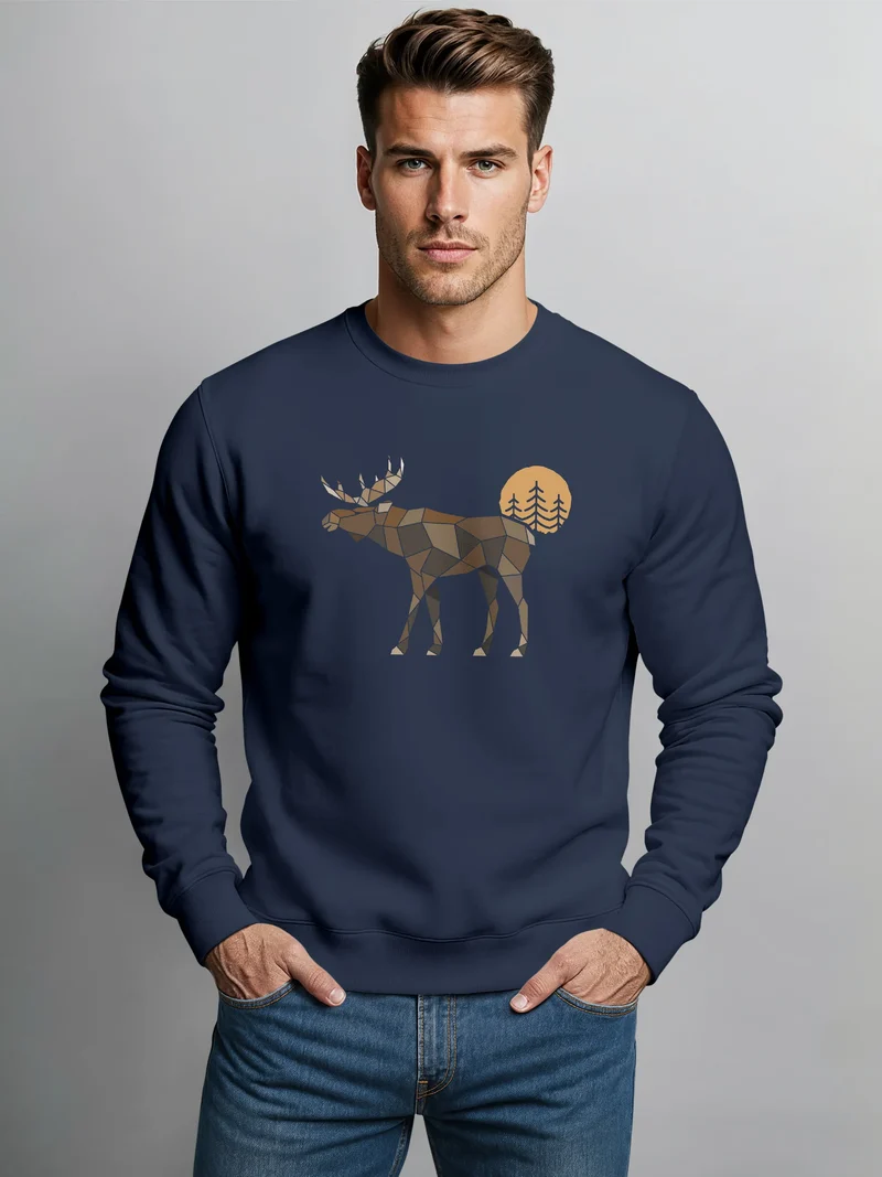 Sweatshirt Herren mit Aufdruck Polygon Elch Outdoor Motive Wandern Natur Wald Rundhals-Pullover Fashion Streetwear