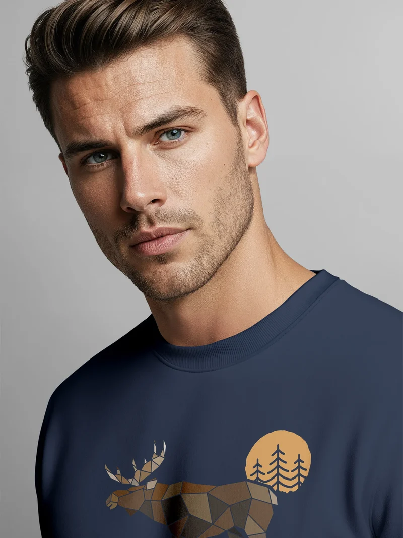 Sweatshirt Herren mit Aufdruck Polygon Elch Outdoor Motive Wandern Natur Wald Rundhals-Pullover Fashion Streetwear