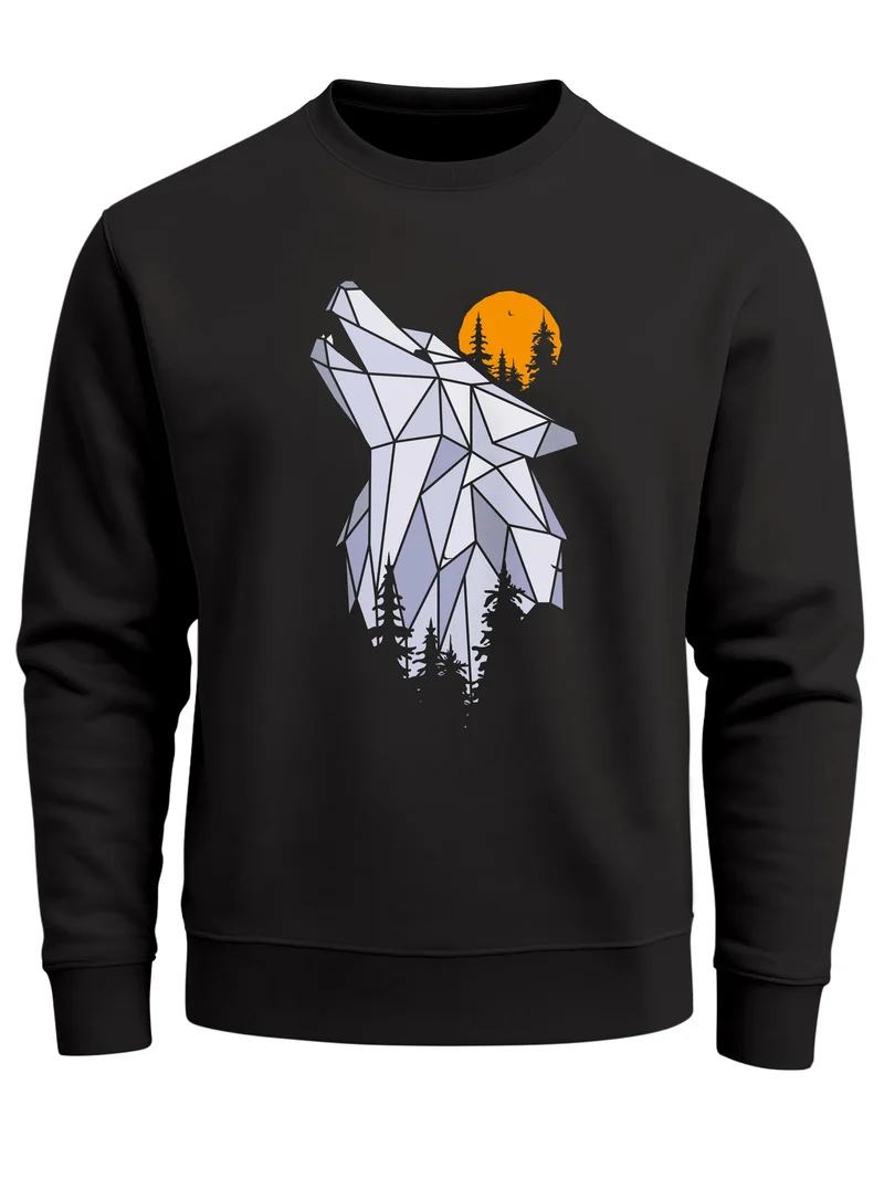 Sweatshirt Herren Polygon Print Wolf Wald Outdoor Adventure Natur TiermotivRundhals-Pullover Fashion Streetwear