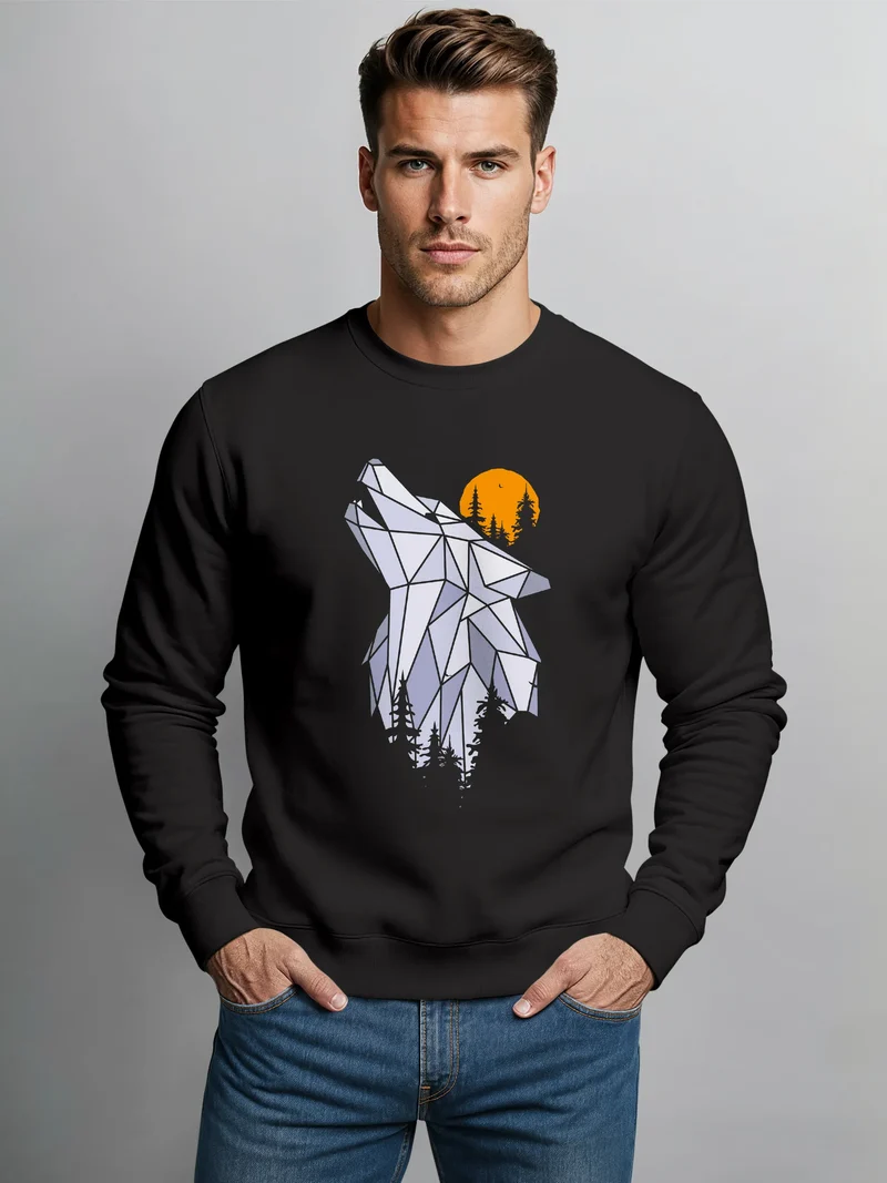 Sweatshirt Herren Polygon Print Wolf Wald Outdoor Adventure Natur TiermotivRundhals-Pullover Fashion Streetwear