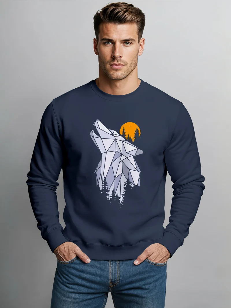 Sweatshirt Herren Polygon Print Wolf Wald Outdoor Adventure Natur TiermotivRundhals-Pullover Fashion Streetwear