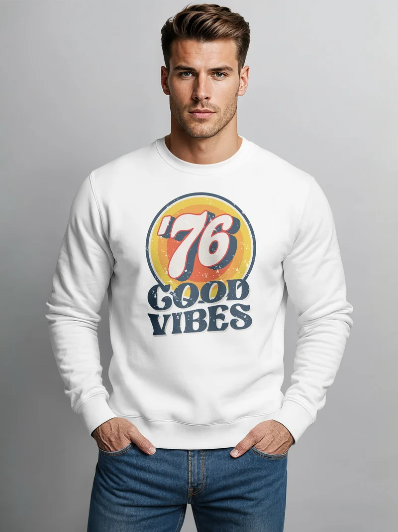 Sweatshirt Herren Aufdruck Print Good Vibes Retro Vintage Grafik Rundhals-Pullover Fashion Streetwear