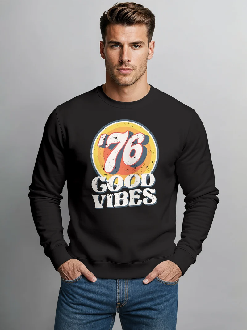 Sweatshirt Herren Aufdruck Print Good Vibes Retro Vintage Grafik Rundhals-Pullover Fashion Streetwear