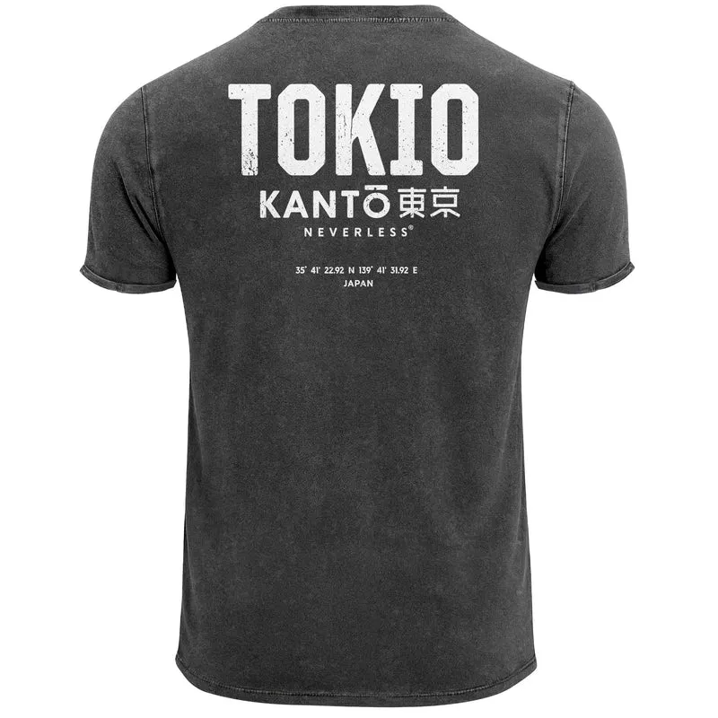 Herren Vintage T-Shirt Backprint Japan Tokyo Grafikshirt Printshirt T-Shirt Aufdruck Used Look