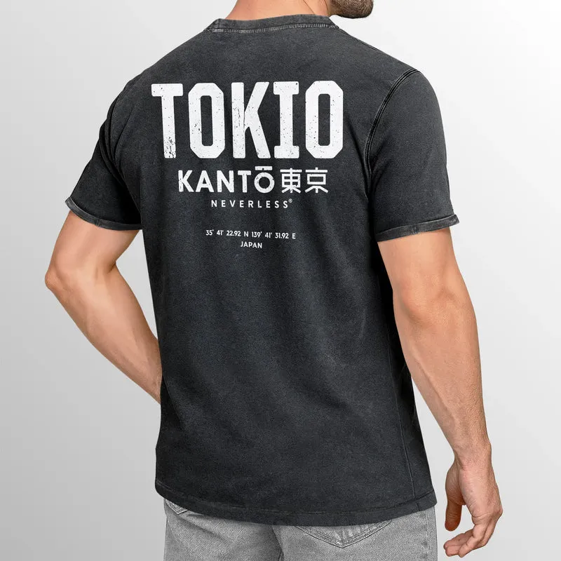 Herren Vintage T-Shirt Backprint Japan Tokyo Grafikshirt Printshirt T-Shirt Aufdruck Used Look