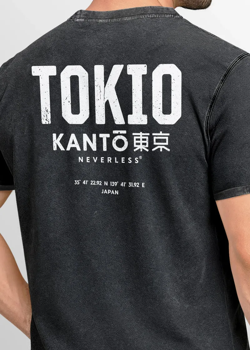 Herren Vintage T-Shirt Backprint Japan Tokyo Grafikshirt Printshirt T-Shirt Aufdruck Used Look