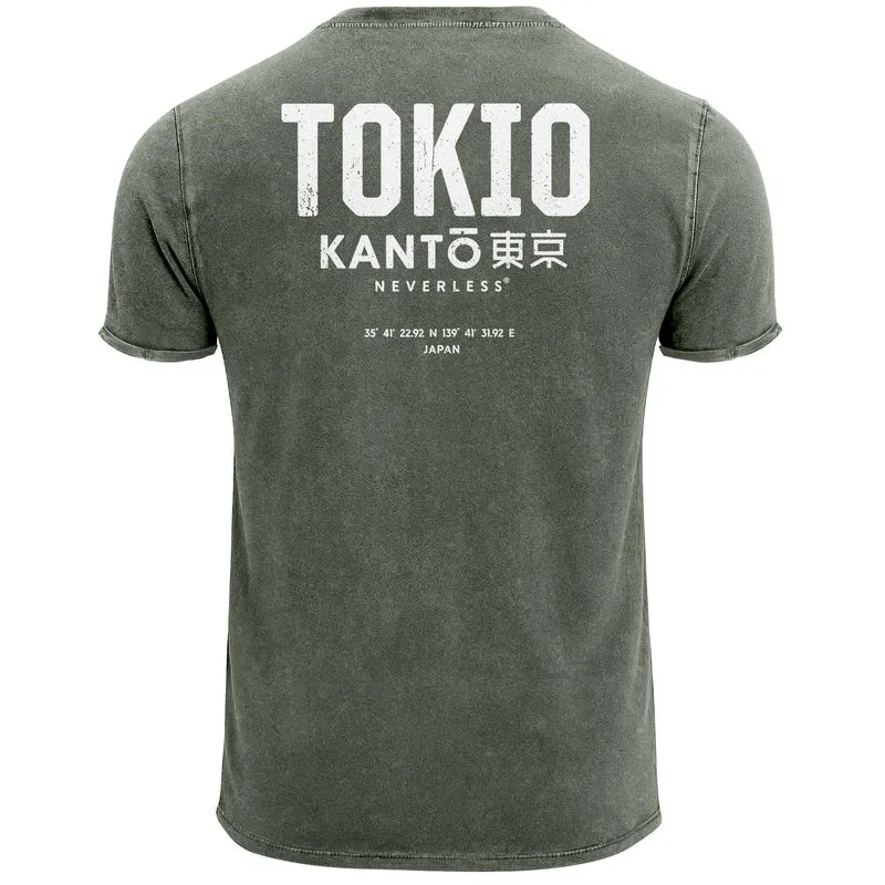 Herren Vintage T-Shirt Backprint Japan Tokyo Grafikshirt Printshirt T-Shirt Aufdruck Used Look