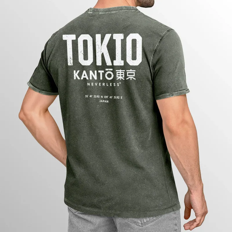 Herren Vintage T-Shirt Backprint Japan Tokyo Grafikshirt Printshirt T-Shirt Aufdruck Used Look