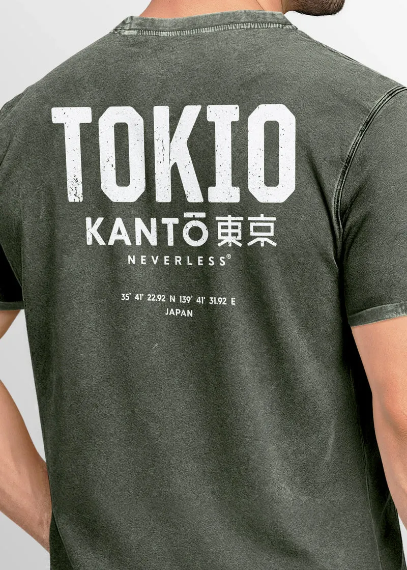 Herren Vintage T-Shirt Backprint Japan Tokyo Grafikshirt Printshirt T-Shirt Aufdruck Used Look