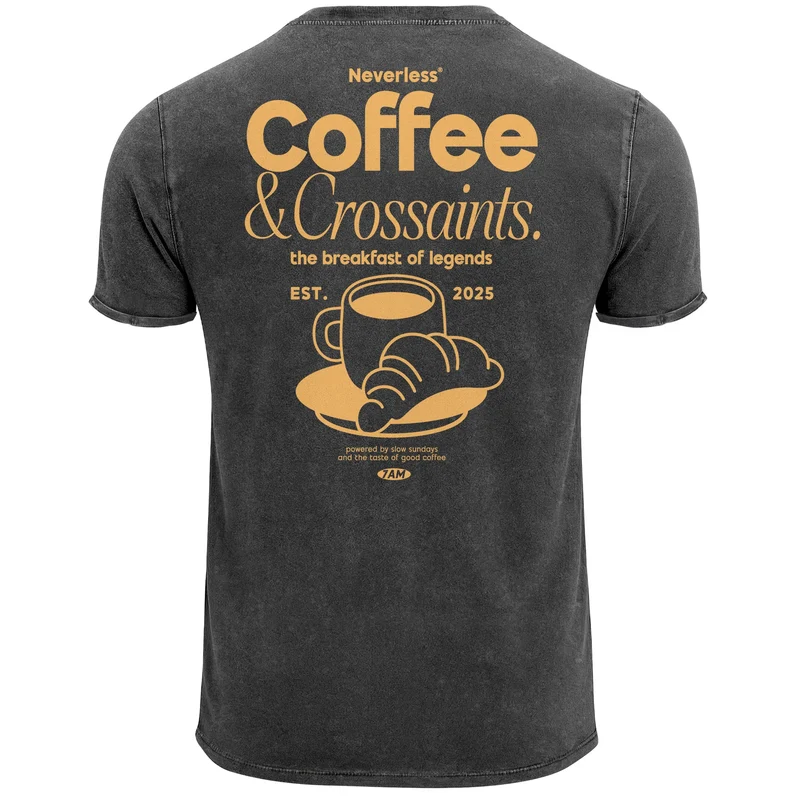 Herren Vintage T-Shirt Backprint Printshirt Baumwolle Aufdruck Coffee Croissants Used Look Fashion für Männer