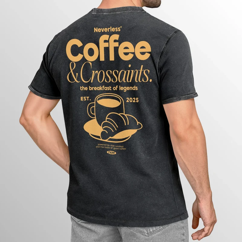 Herren Vintage T-Shirt Backprint Printshirt Baumwolle Aufdruck Coffee Croissants Used Look Fashion für Männer