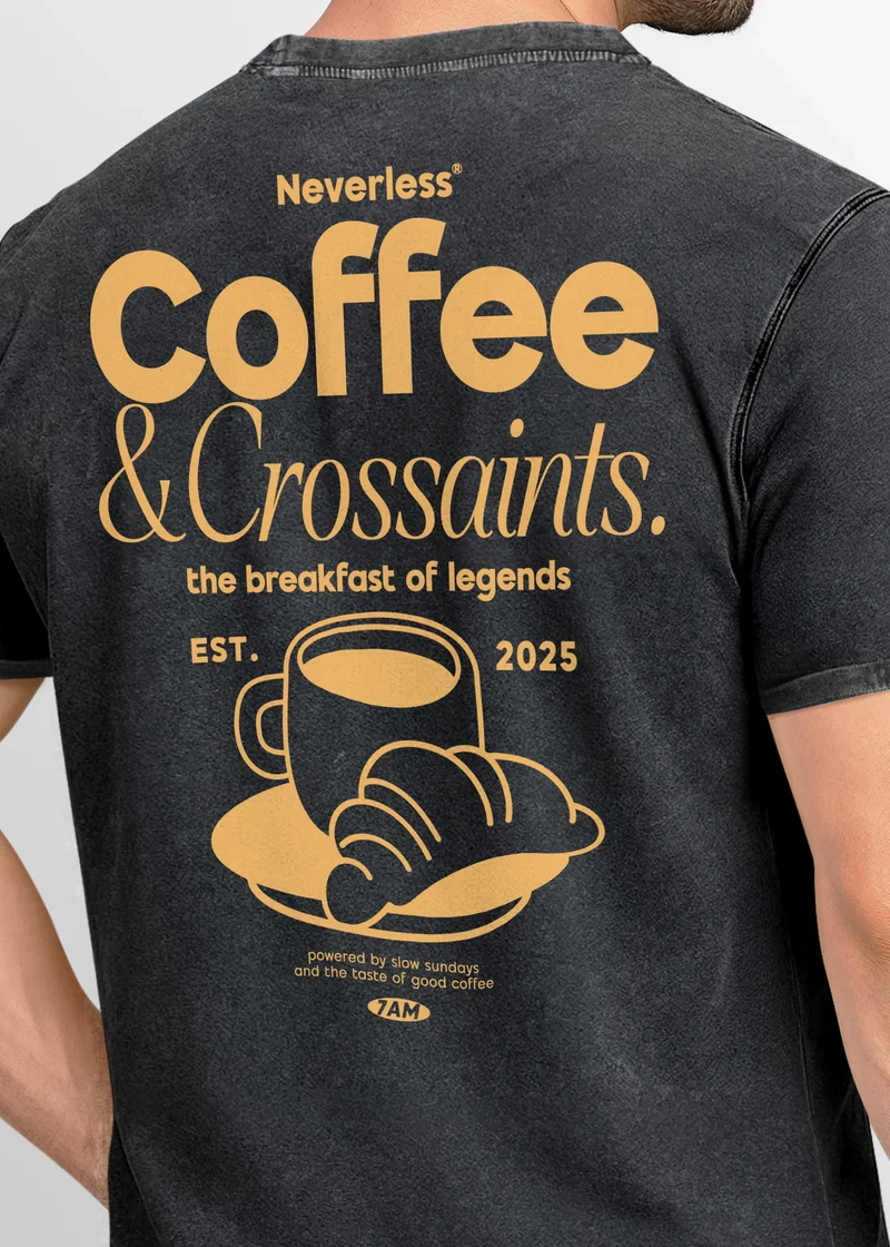 Herren Vintage T-Shirt Backprint Printshirt Baumwolle Aufdruck Coffee Croissants Used Look Fashion für Männer