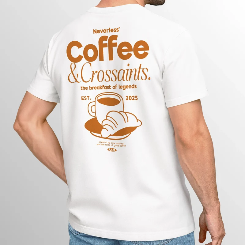 Herren T-Shirt Backprint Grafikshirt Rückendruck Coffee Croissant Kaffeeliebhaber Fashion Streetstyle