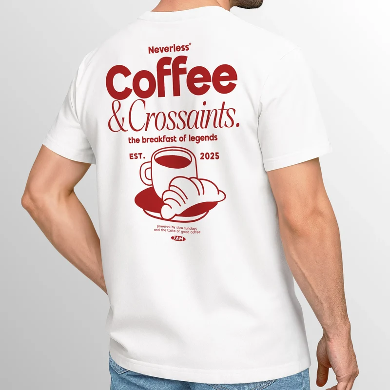 Herren T-Shirt Backprint Grafikshirt Rückendruck Coffee Croissant Kaffeeliebhaber Fashion Streetstyle